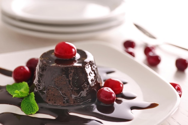 사진 접시에 신선한 체리와 민트 잎을 넣은 맛있는 초콜릿 퐁당 케이크