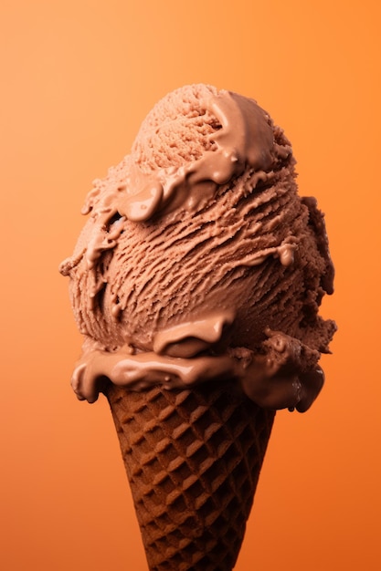 Foto un gustoso gelato al cioccolato su uno sfondo di pesche