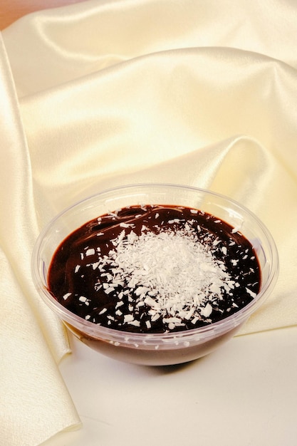 Tasty chocolate pudding on the table