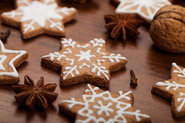 Tasty Christmas cookies  on background