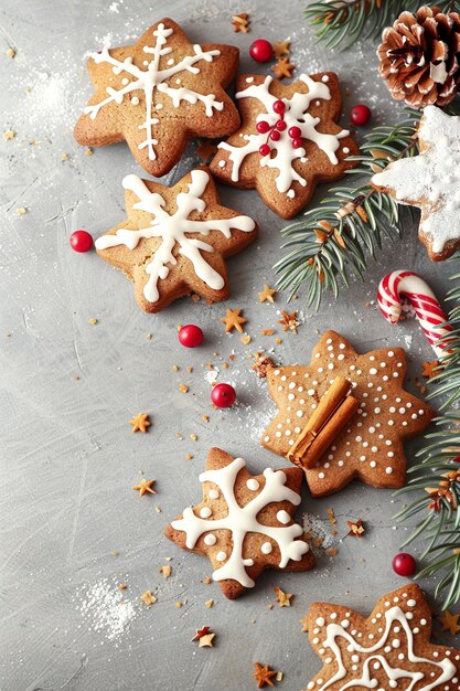 Tasty Christmas cookies on grey table top view