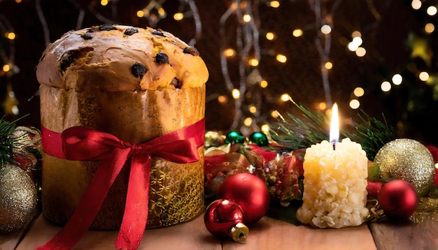 tasty christmas panettone with red ribbon