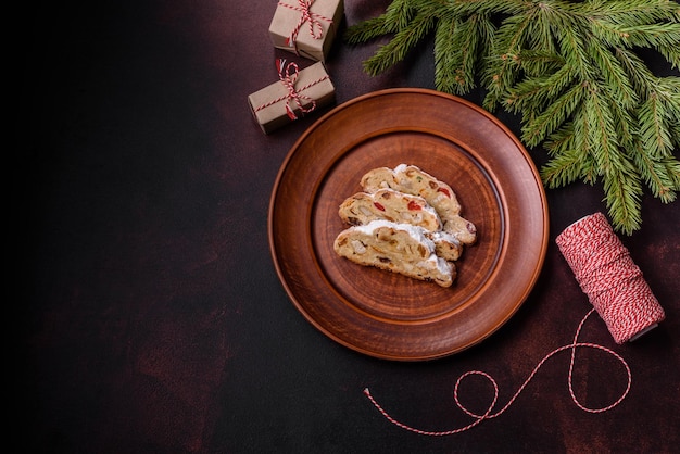 Tasty christmas stollen with marzipans dried fruits and nuts