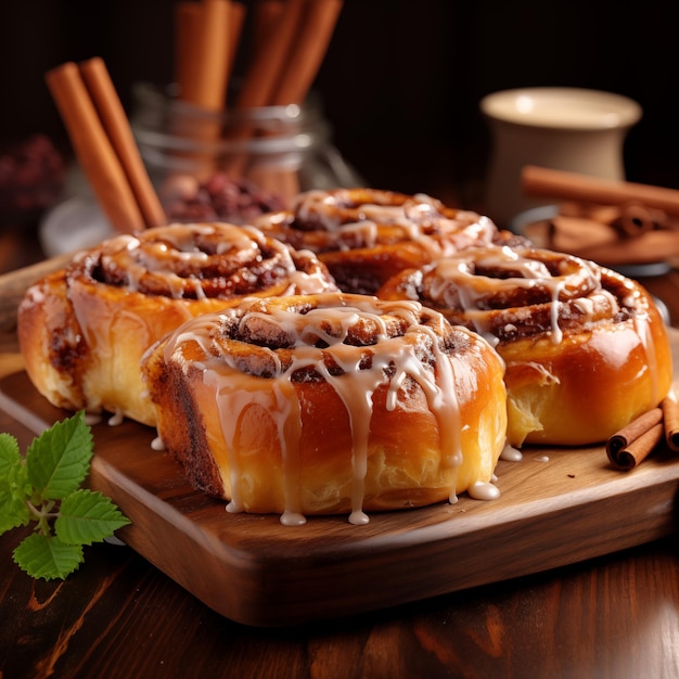 Tasty cinnamon rolls buns with frosting Christmas baking on a wooden desk Delicious home made