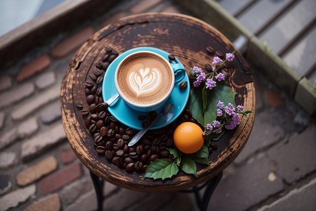 Tasty coffee cup on terrace top view