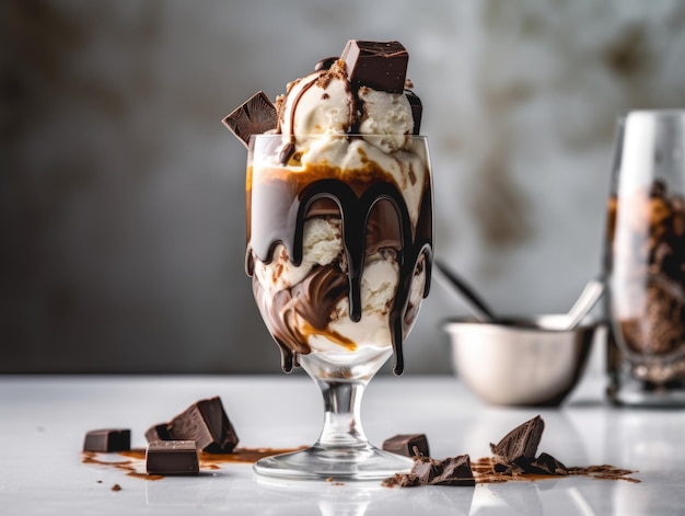 Tasty cold chocolate and vanilla ice cream sundae Generative AI