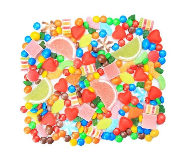 Tasty and colorful candies on white background