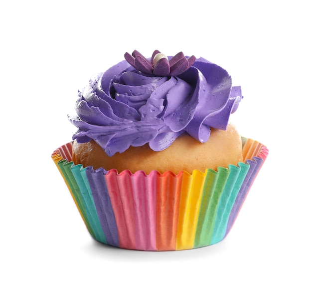 Tasty colorful cupcake on white background