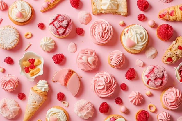 写真 ピンクの背景で空中に吹き飛ぶ美味しい色とりどりのドーナツと甘いクッキー