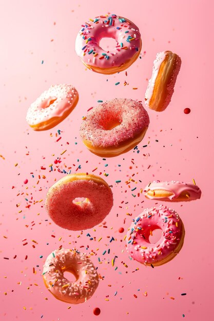 Tasty colorful donuts and sweet cookies blowing in the air on pink background