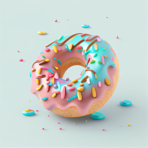 Generative AI 기술로 만든 파스텔 배경에 스프링클이 있는 맛있는 다채로운 도넛