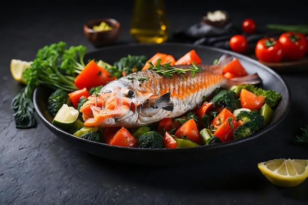 вкусная приготовленная рыба со свежими овощами