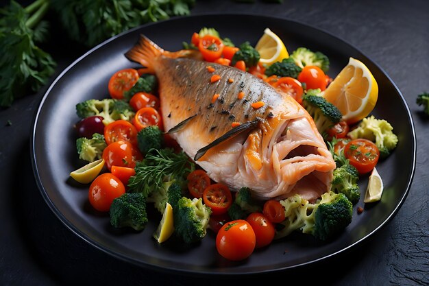 tasty cooked fish with fresh vegetables