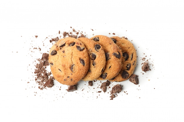 Photo tasty cookies and chocolate isolated on white background