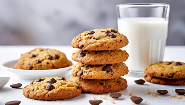 Tasty cookies with chocolate chips and glass of milk on white background