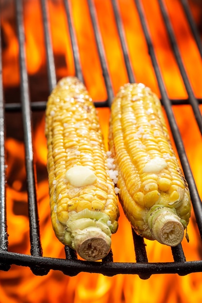 Tasty corncob with butter and salt on grill with fire