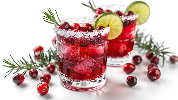 Tasty cranberry cocktail with lime sugar and rosemary in glass isolated on white