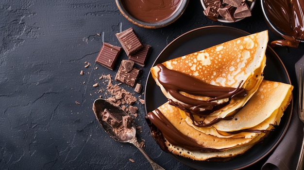 Tasty crepes with chocolate paste with copy space