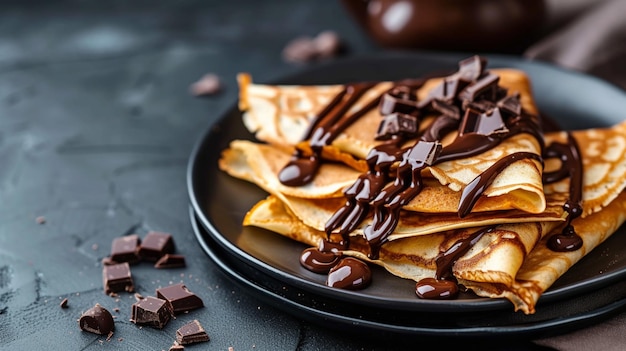 Tasty crepes with chocolate paste with copy space