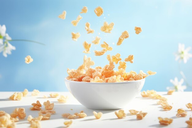 Tasty crispy corn flakes falling into white bowl Food concept on light sunny background Generative AI illustration