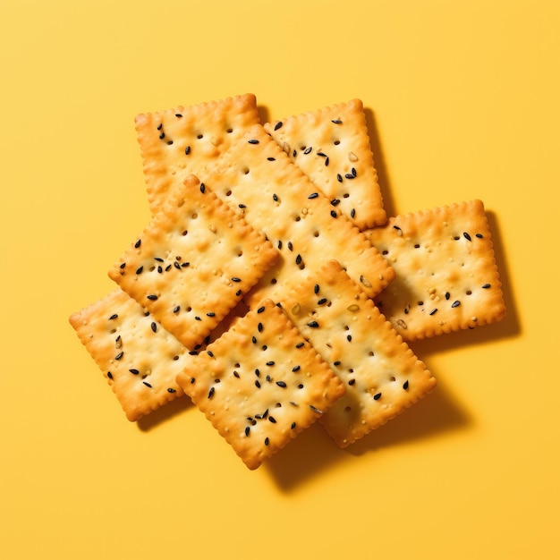 Photo tasty crispy crackers on a yellow background generative ai