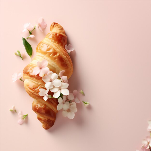 Foto un croissant gustoso con bellissimi fiori su uno sfondo rosa.