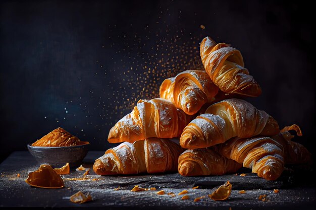 Foto deliziosi croissant su sfondo nero deliziosa colazione con croissant freschi set di croissant appena cotti