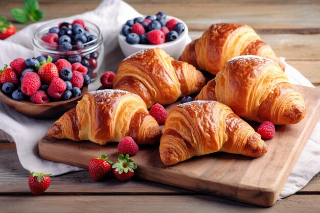 Tasty croissants with fresh berries on wooden table