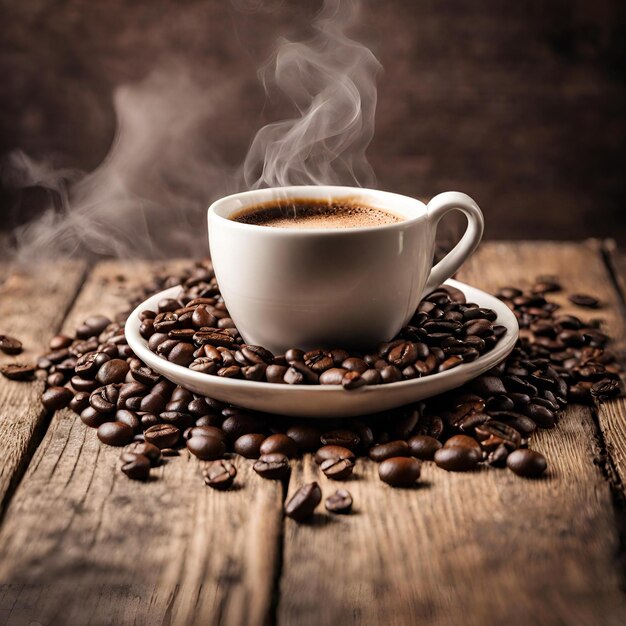 Вкусная чашка кофе с дымом и кофейными зернами на деревянном фоне