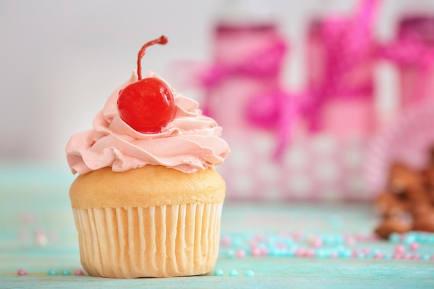 Tasty cupcake for Valentine's Day on table