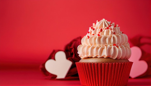 Tasty cupcake for valentines day on red background