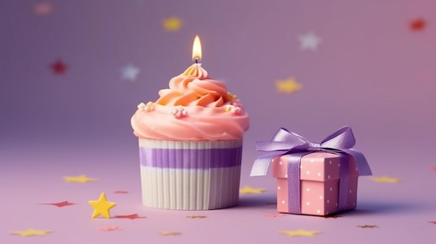 薄紫色の背景に誕生日のキャンドルとギフト ボックスとおいしいカップケーキ