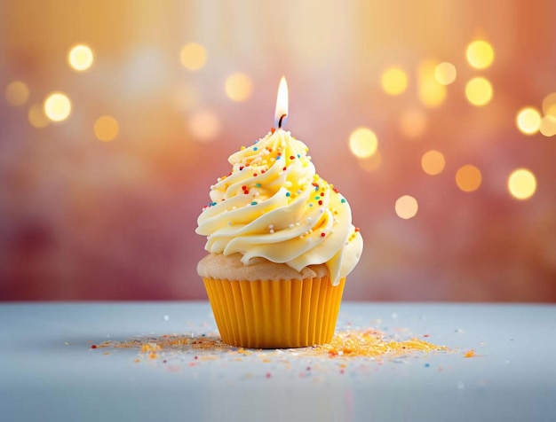 Tasty cupcake with candle and confetti