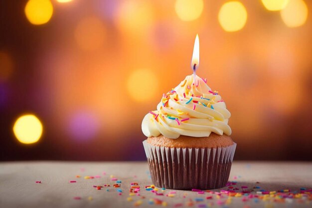 Tasty cupcake with candle and confetti