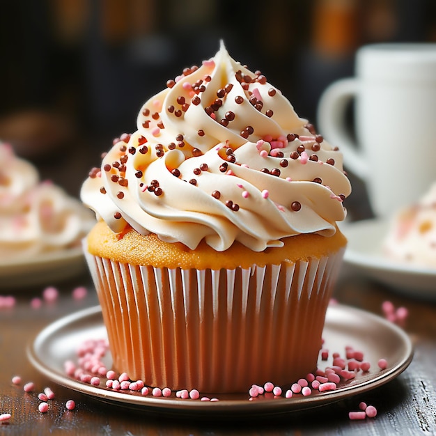 Tasty cupcake with cream frosting sprinkles