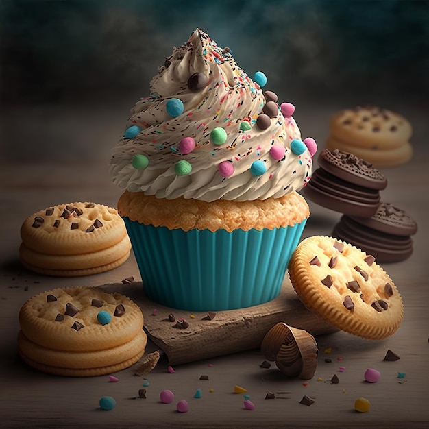 Tasty cupcake with sprinkles on topping and cookies