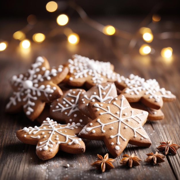 Tasty decorated gingerbread on a wooden table Christmas pastry Generative AI