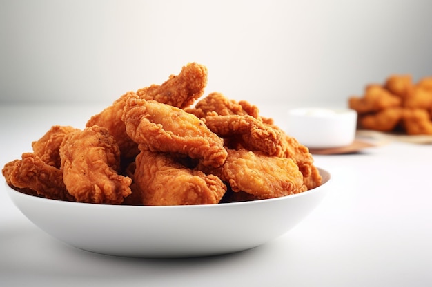 Tasty deep fried chicken pieces on white table