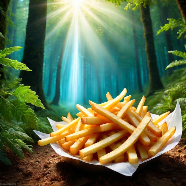 Tasty deep fried potato slices with jungle in background organic