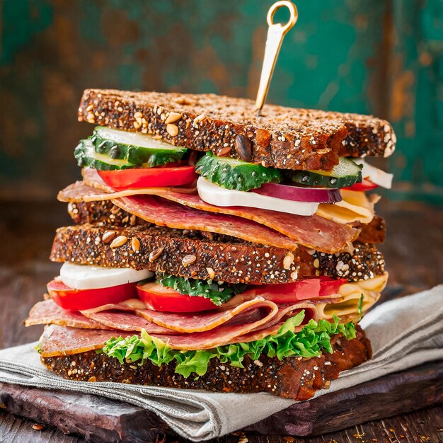 Foto delizioso panino al pane fresco con prosciutto e formaggio