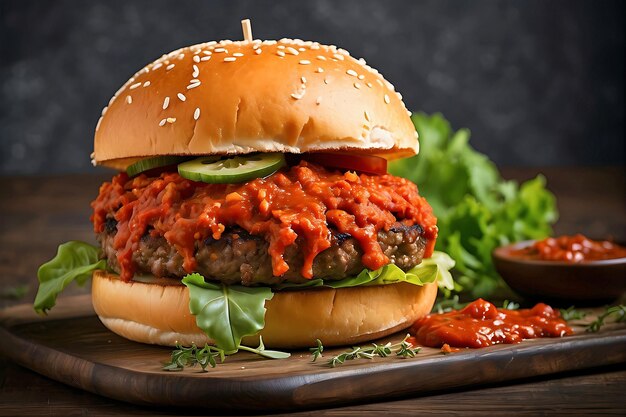 Photo tasty delicious burger with sauce salad and tomato on the wood