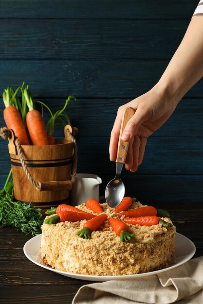 Tasty and delicious food concept carrot cake