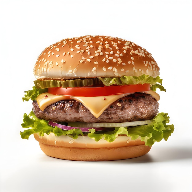 Tasty delicious hamburger with simple white background generative ai