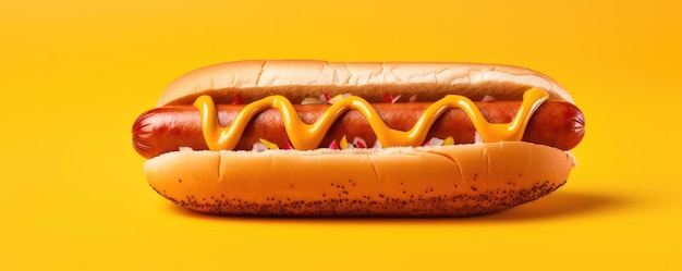 Tasty delicious hot dog on a yellow background Generative AI