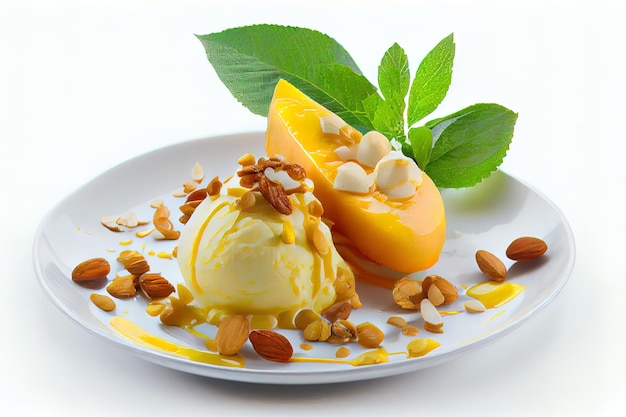 Tasty Dessert with pears and nuts on white background