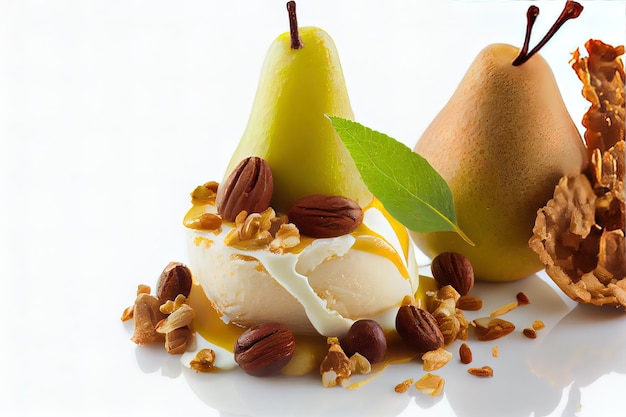 Tasty Dessert with pears and nuts on white background