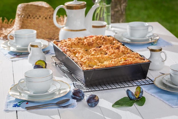 Tasty dessert with plum cake and coffee in summer