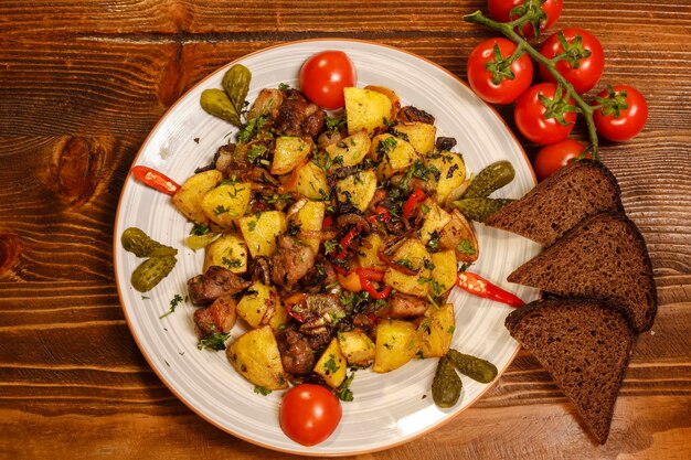 Tasty dish with sheep meat and potatoes served with marinated cucumber