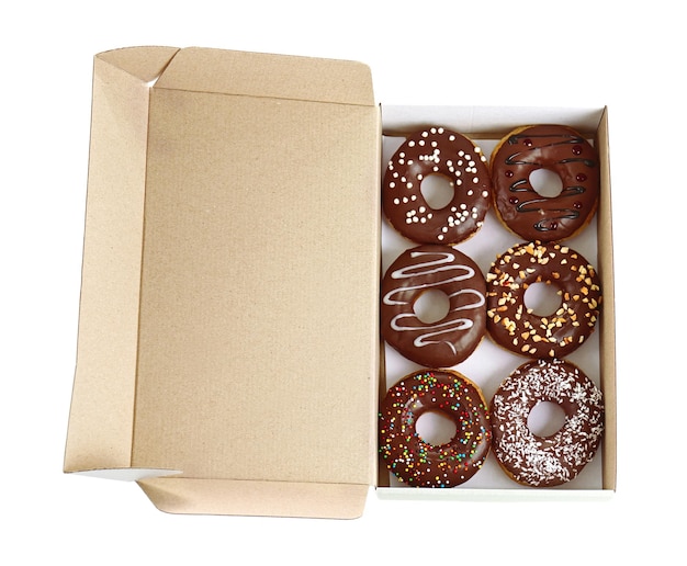 Photo tasty donuts in paper box on white background