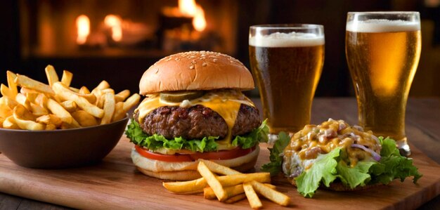 Photo tasty double smash burger with cheese onion lettuce dressing fries cold beer on a cutting board